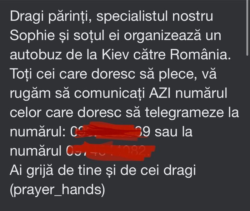 Mesajul primit de părinții clienți ai clinicii