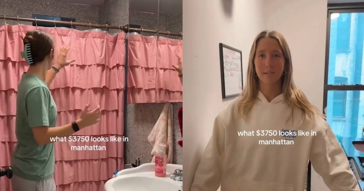 Două imagini alăturate dintr-un apartament mic: în stânga, o baie îngustă cu perdea roz și spațiu limitat; în dreapta, o tânără stă într-o cameră simplă, lângă o fereastră, într-un interior strâmt.
