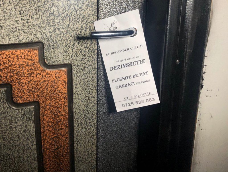 Reclama firmei care a făcut deratizarea ucigașă, agățată de ușa unui apartament