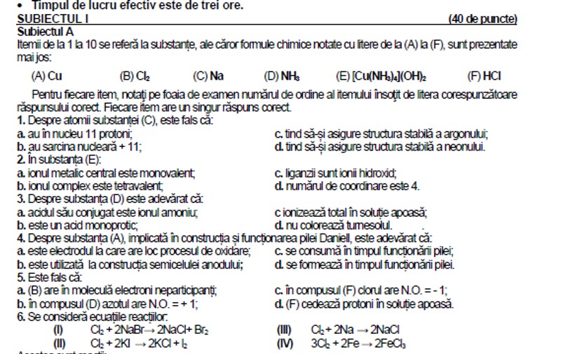 Subiecte Chimie la Bac 2026. Baremul de corectare a fost publicat