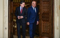 Nicușor Dan și Ilie Bolojan, ambii îmbrăcați în costume elegante, ieșind împreună dintr-o încăpere printr-o ușă masivă din lemn sculptat.