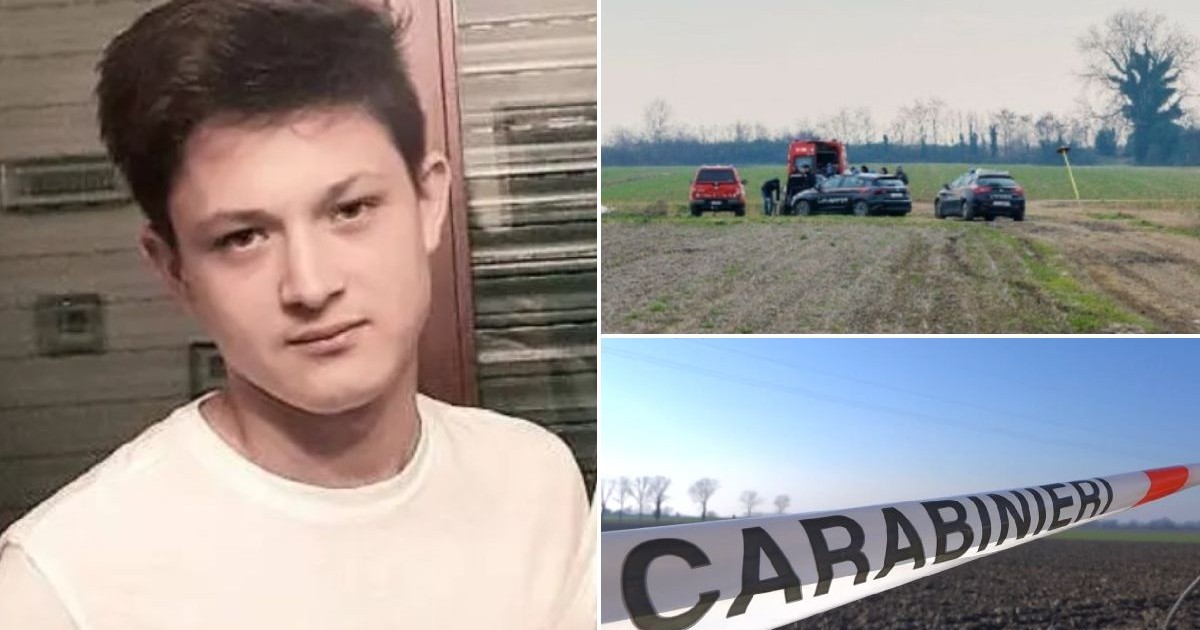 Colaj cu trei fotografii: în stânga, un tânăr cu părul scurt și negru, îmbrăcat într-o bluză albă; în dreapta sus, mașini de poliție pe un câmp; în dreapta jos, o bandă de delimitare pe care scrie „CARABINIERI”.
