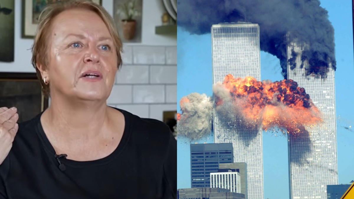 Un colaj cu două fotografii: în prima imagine este o femeie blondă cu părul scurt care poartă o bluză neagră și gesticulează, iar în a doua imagine este momentul exploziei din atentatele de la 11 septembrie
