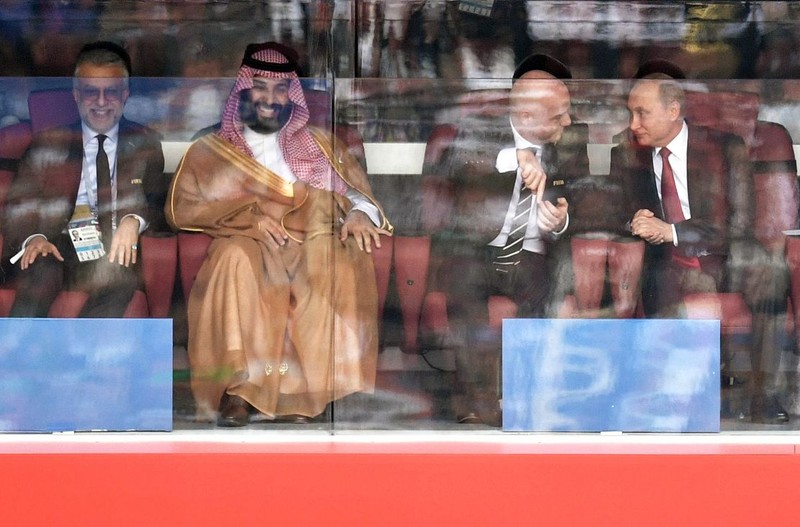 epa06807851 Asian Football Confederation President, Sheikh Salman Bin Ibrahim Al-Khalifa (L), Saudi Arabia's Crown Prince Mohammad bin Salman (2-L), FIFA president Gianni Infantino (2-R) and Russian President Vladimir Putin (R) attend the opening ceremony before the FIFA World Cup 2018 group A preliminary round soccer match between Russia and Saudi Arabia in Moscow, Russia, 14 June 2018. (RESTRICTIONS APPLY: Editorial Use Only, not used in association with any commercial entity - Images must not be used in any form of alert service or push service of any kind including via mobile alert services, downloads to mobile devices or MMS messaging - Images must appear as still images and must not emulate match action video footage - No alteration is made to, and no text or image is superimposed over, any published image which: (a) intentionally obscures or removes a sponsor identification image; or (b) adds or overlays the commercial identification of any third party which is not officially associated with the FIFA World Cup) EPA-EFE/ALEXEY NIKOLSKY / SPUTNIK / KREMLIN POOL MANDATORY CREDIT EDITORIAL USE ONLY