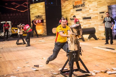 Team Romania performs during the Team qualification of the Stihl Timbersports World Championships at the Porsche-Arena in Stuttgart, Germany on November 11, 2016.