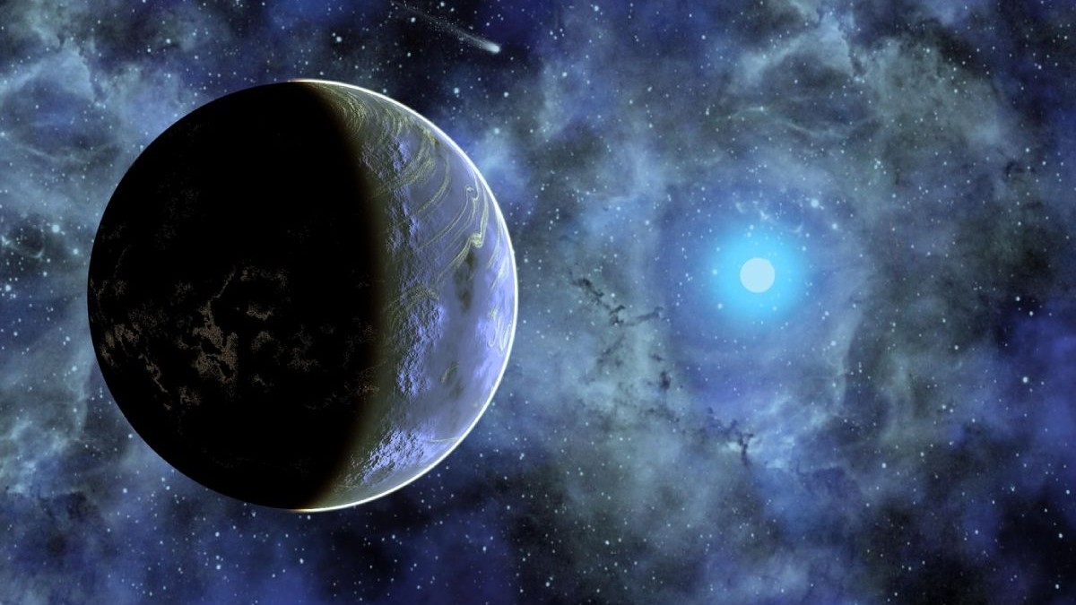 Imagine din spatiu cu Pământul în prin plan si o altă planetă strălucitoare în depărtare