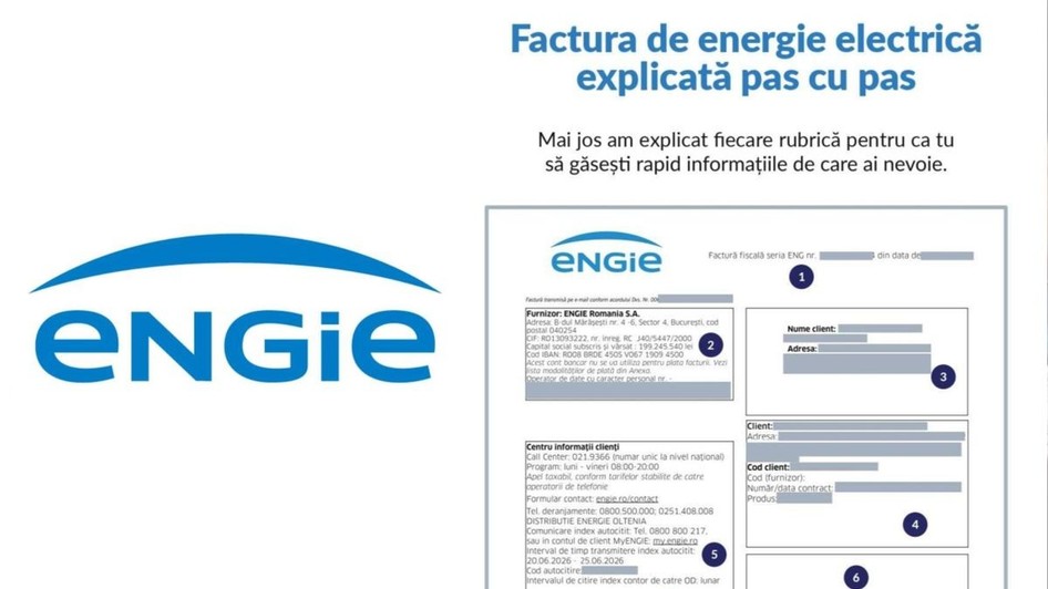 Un model de factură specimen Engie la energie, care are în stânga logoul companiei. Foto: Engie România