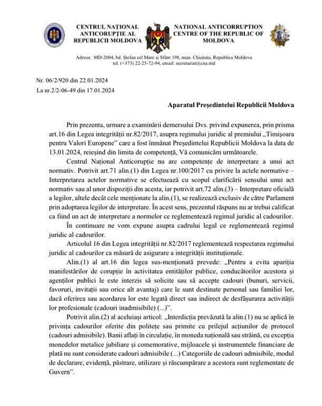 Maia Sandu poate lua premiul de 30.000 de euro acordat la Timişoara, a decis Centrul Anticorupţie din Republica Moldova