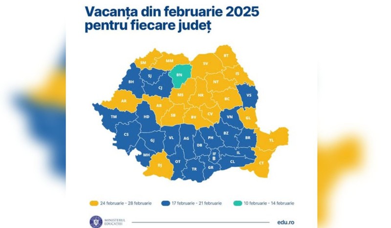 Harta vacanței de ski stabilita de fiecare inspectorat școlar pentru anul școlar 2024-2025, publicată de Ministerul Educației, august 2024 Sursă foto: Facebook Ligia Deca