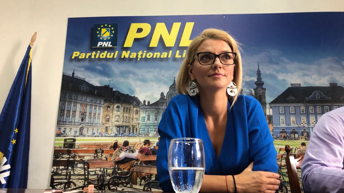 Alina Gorghiu, despre ședința CExN al PSD. Alina Gorghiu, în timpul unei conferințe la sediul PNL, cu sigla partidului în fundal