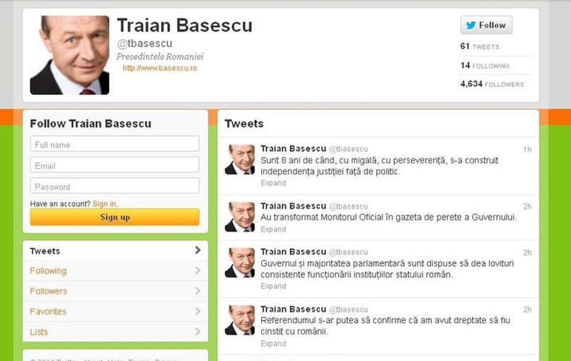 Băsescu scrie din oră în oră pe Twitter. Vezi ce mesaje are preşedintele!