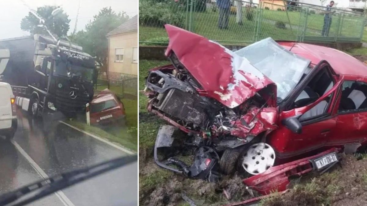 Un colaj din două fotografii care arată un accident: o mașină roșie s-a ciocnit cu un TIR, ambele vehicule fiind avariate pe marginea șoselei