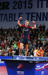 epa04963081 Elizabeta Samara of Romania celebrates after beating Jie Li of the Netherlands in their women's singles final match of the Table Tennis European Championships in Ekaterinburg, Russia, 04 October 2015. EPA/SERGEI ILNITSKY