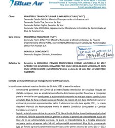 Document de 6 pagini, datat 18 august 2021 și intrat în posesia Libertatea, în care Blue Air a informat Guvernul că are nevoie de bani