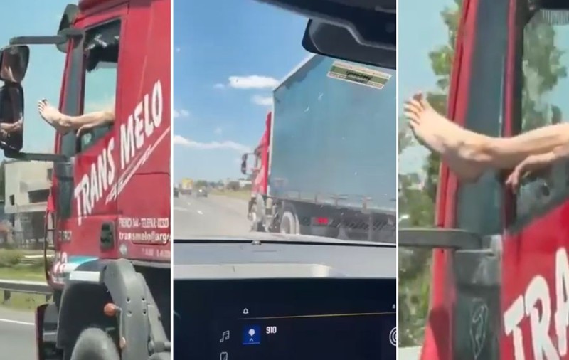 Un șofer de TIR a fost filmat cu un picior și un braț atârnând pe geam în timp ce conducea pe autostradă, în Argentina