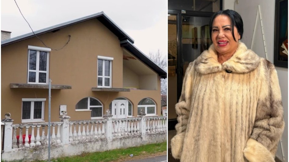 Colaj format din două cadre: în stânga o casă cu două niveluri, finisată în nuanțe de maro și prevăzută cu gard alb, iar în dreapta o femeie cu părul brunet îmbrăcată într-o haină de blană.