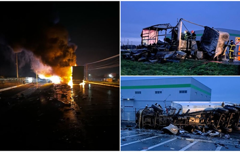 Doi șoferi de camion morți în Arad, unul - în cabina care s-a aprins. Un TIR și o basculantă s-au ciocnit frontal I VIDEO 