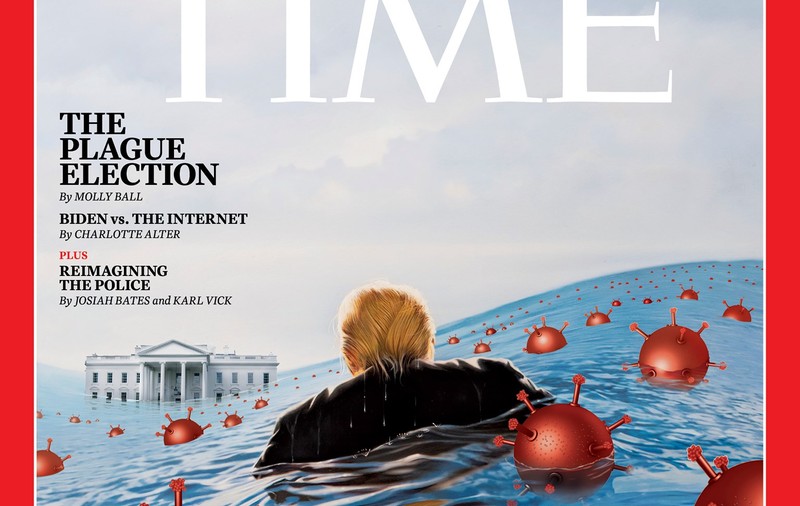 Pe noua copertă a revistei TIME, Trump înoată într-un ocean de COVID