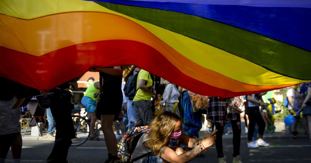 Membri si sustinatori ai comunitatii LGBTQIA+ participa la marsul "Bucharest Pride" organizat de Asociatia ACCEPT pe Calea Victoriei din Bucuresti, sambata, 14 august 2021.