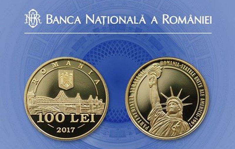 BNR lansează o monedă de aur de 100 de lei, la 20 de ani de parteneriat strategic România-SUA; Cât costă moneda