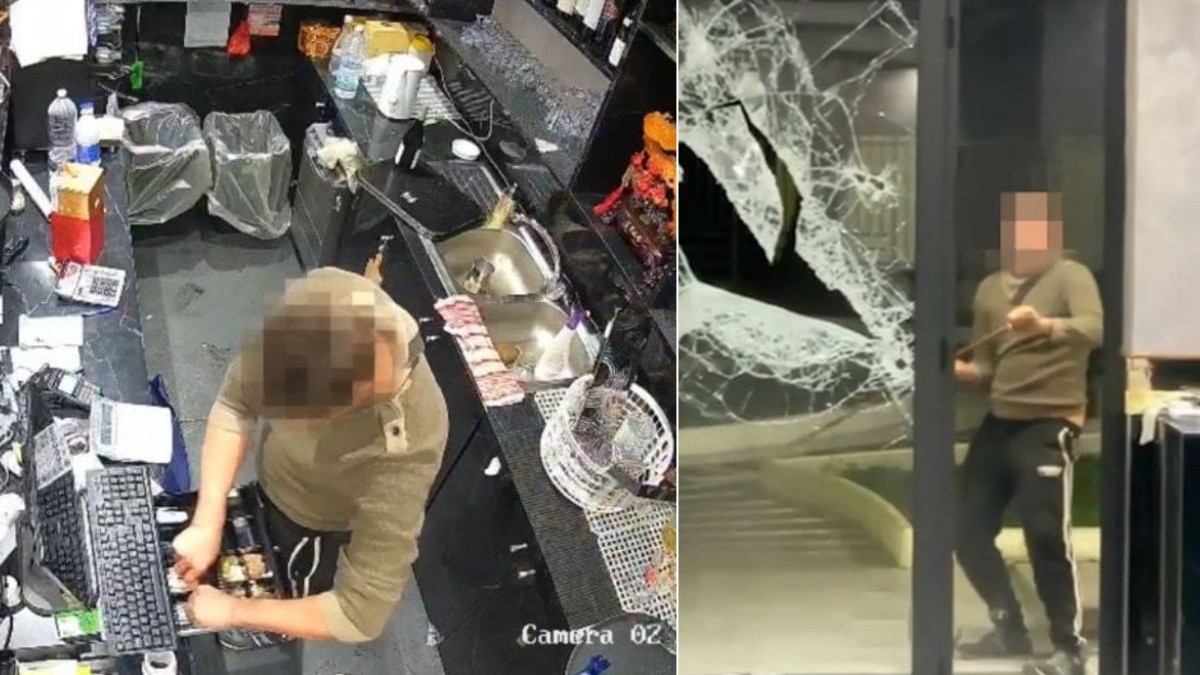 Colaj foto cu românul filmat de camerele de supraveghere în timp ce fură din casa de marcat și sparge geamurile restaurantului cu o rangă