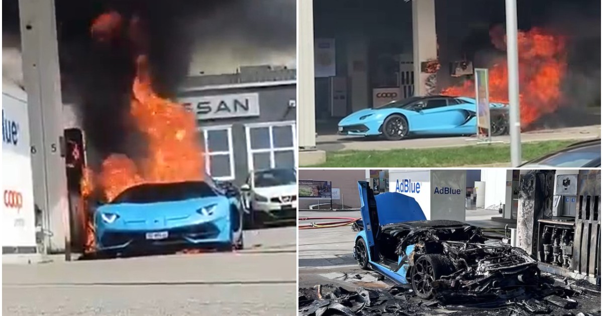 Colaj din trei fotografii ce surprind un Lamborghini de culoare albastră cuprins de flăcări și fum negru la o stație de alimentare.