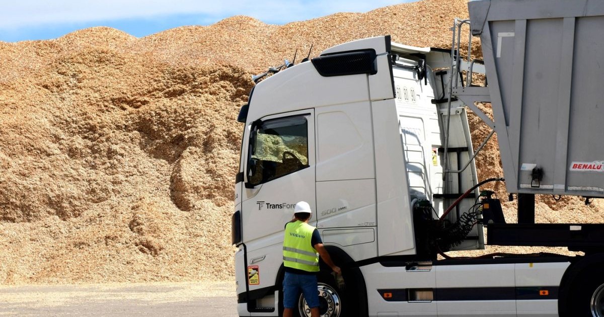 Un TIR este oprit pe o șosea din Franța, în timp ce șoferul a coborât din cabină și verifică o roată, iulie 2025