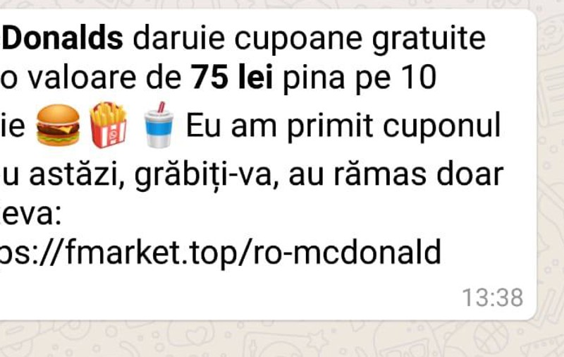 Escrocherii cu vouchere în numele McDonald's. Mesaje despre o falsă promoție, distribuite pe WhatsApp