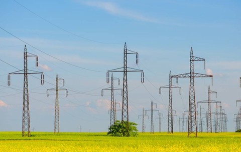 Rețele electrice, stalpi energie, camp de rapiță