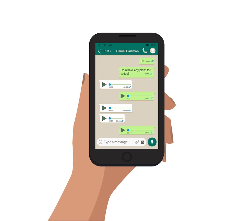 Hand holding smartphone and send message. Voice chat. Isolated. Vector