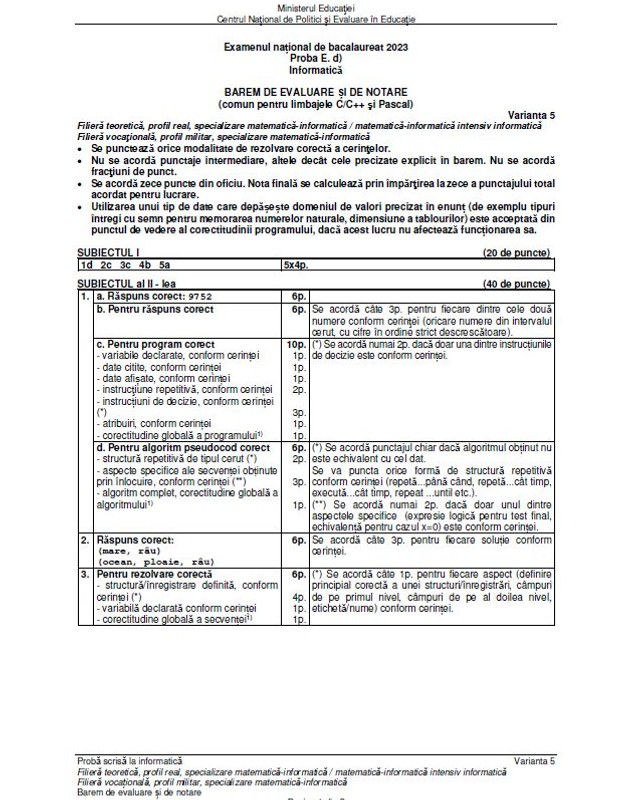 Baremul de corectare pentru proba de Informatică Bacalaureat 2023 a fost publicat de Ministerul Educației. Cum trebuia rezolvată fiecare cerință