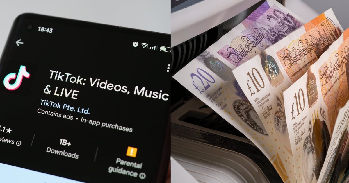 Aplicația TikTok afișată pe ecranul unui smartphone în magazinul de aplicații Android. Stafford, Regatul Unit, 28 aprilie 2024// Lira sterlină britanică de diferite denominații este prezentată ieșind dintr-o mașină de schimb valutar.