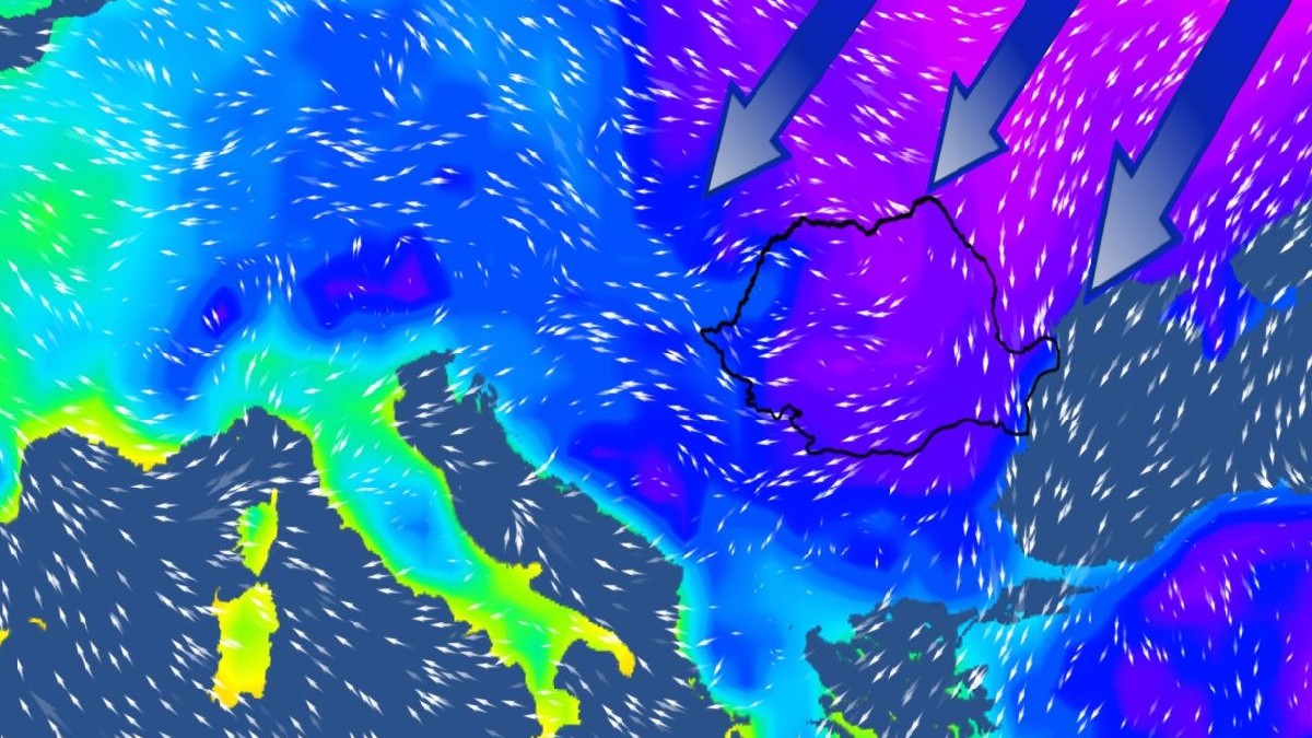 Hartă meteorologică care folosește culori vii, precum verde, mov, albastru și galben, pentru a reprezenta diferite condiții meteorologice.