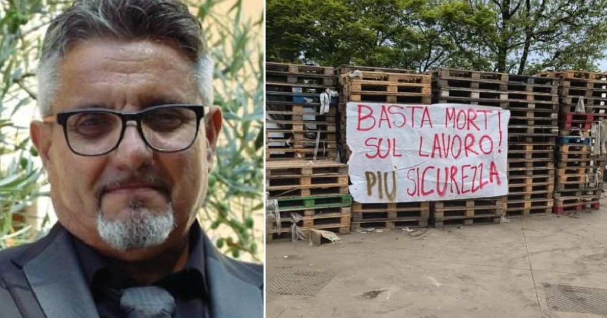 Colaj cu portretul unui bărbat cu ochelari și barbă grizonată, alături de o fotografie a unui protest marcat printr-un banner pe care scrie, în italiană, „Destul cu morțile la locul de muncă! Mai multă siguranță”.