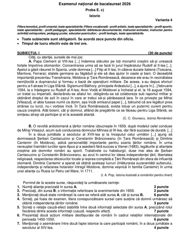 Subiecte Istorie BAC 2026, sesiunea de toamnă. Ce le-a picat elevilor la proba obligatorie a profilului la Bacalaureat 