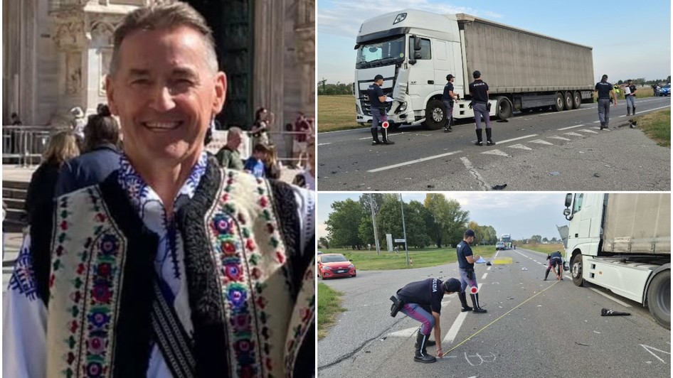 Colaj format dintr-un portret în stânga, ce prezintă un bărbat zâmbitor îmbrăcat în ie și vestă cu motive tradiționale românești, și două fotografii în dreapta ce arată echipaje de poliție cercetând locul unui accident rutier pe o șosea, unde este oprit un camion alb de marfă avariat.