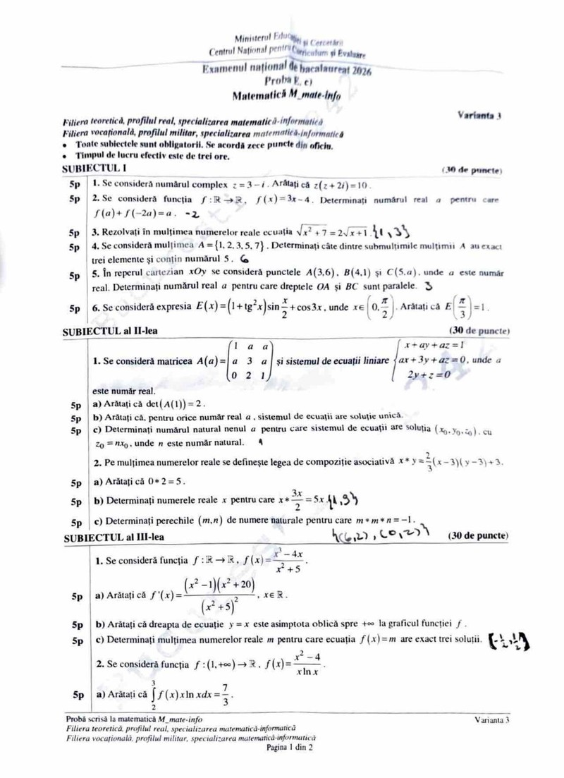Subiecte Matematică Bac 2026 Mate-info Foto: Edupedu.ro