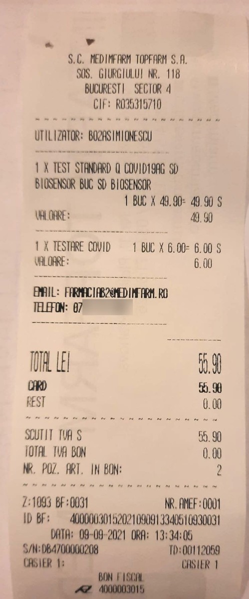 Chitanţă test MEDIMFARM șos. Giurgiului