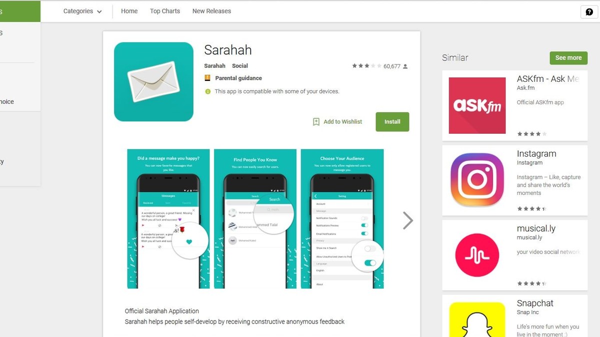 Ce este Sarahah. Aplicația Sarahah în Google Play - captură