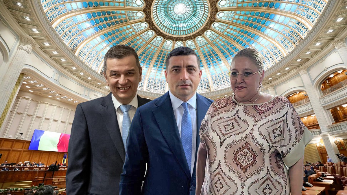 Un colaj cu sala parlamentului României in fundal si doi barbati si o femeie in fata
