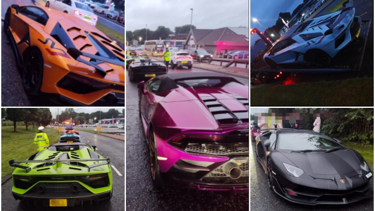 Colaj de cadre ce surprind mai multe autoturisme de lux Lamborghini în culori vii, oprite pe marginea drumului sau încărcate pe o platformă de tractare în prezența poliției.