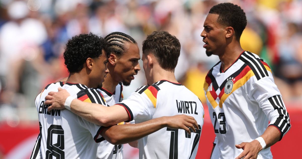 CHICAGO, ILLINOIS - JUNE 06: Leroy Sané of Germany celebrates with teammates after scoring his team's second goal during the international friendly match between United States and Germany at Soldier Field on June 06, 2026 in Chicago, Illinois. (Photo by Alexander Hassenstein/Getty Images)