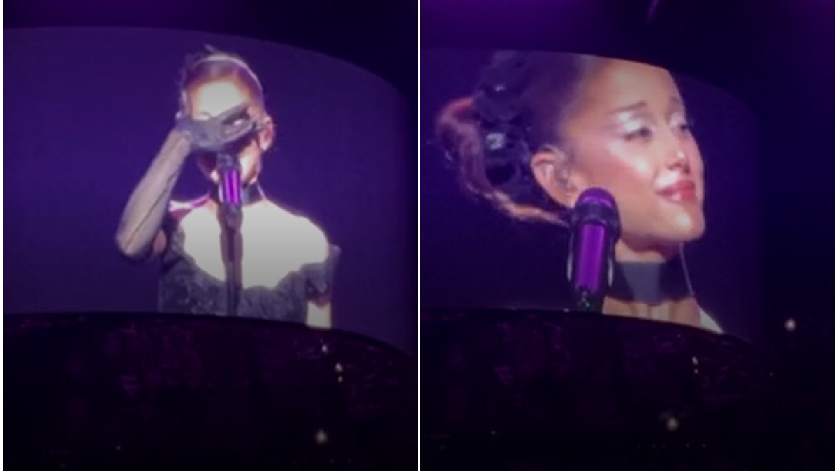 Ariana Grande în timp ce își ține mâna la ochi (stânga). În dreapta, aceasta privește în lateral