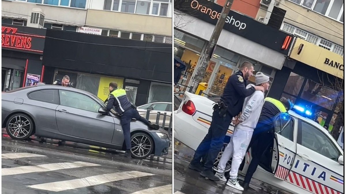 Tânăr urmărit de mașina Poliției pe străzile din București după ce a refuzat să oprească la semnal. Prins și scos cu forța - video. Captură video: Tik Tok / storytimeglovoDaniel