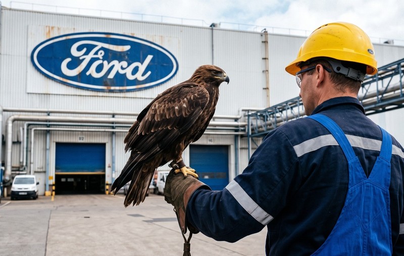 Un muncitor al unei fabrici Ford cu un șoim pe mână