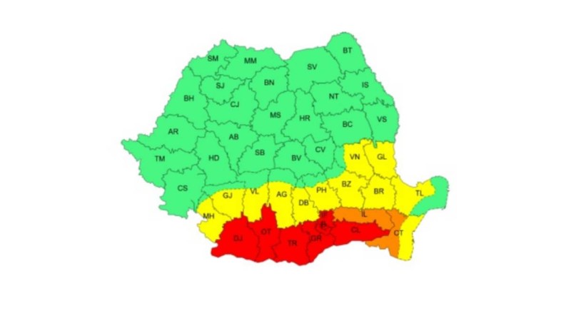 Județele sub atenționări meteo de tip cod roșu, portocaliu și galben. Foto: ANM