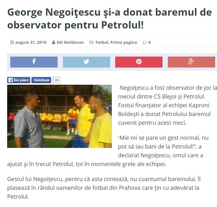 Negoițescu a făcut publică donația pentru Petrolul