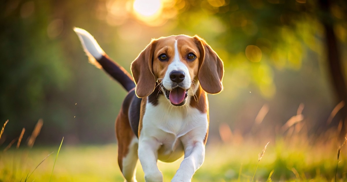 Cainele Beagle- un catel din rasa Beagle alearga intr-un parc