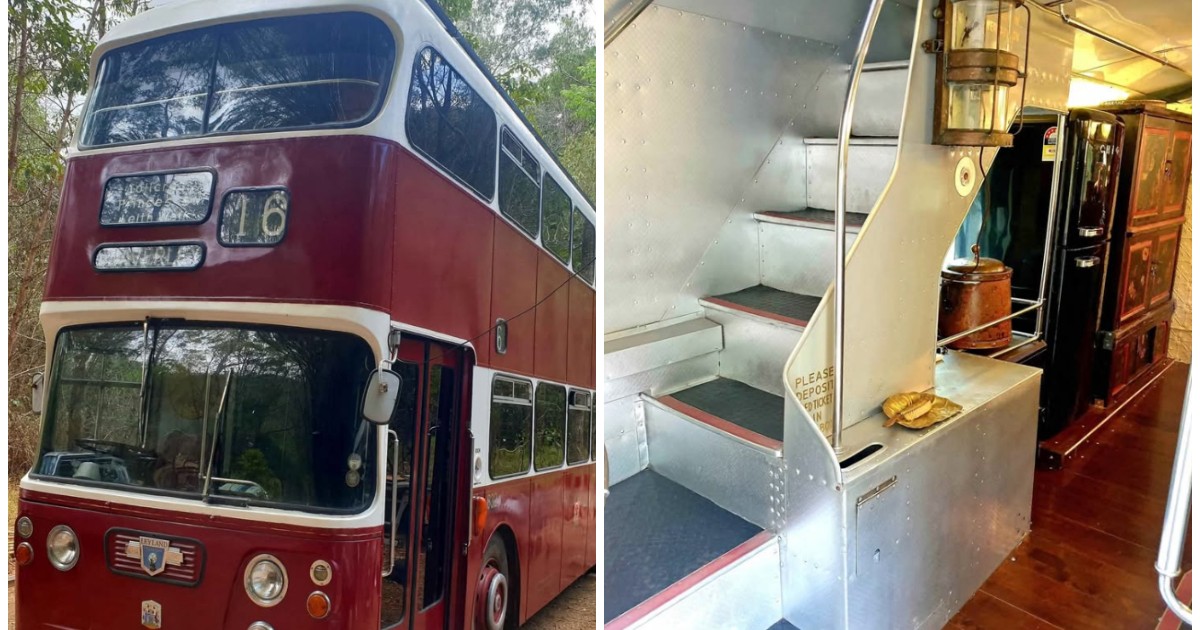Un autobuz roșu cu alb, etajat (stânga) și interiorul său transformat într-o locuință modernă (dreapta)