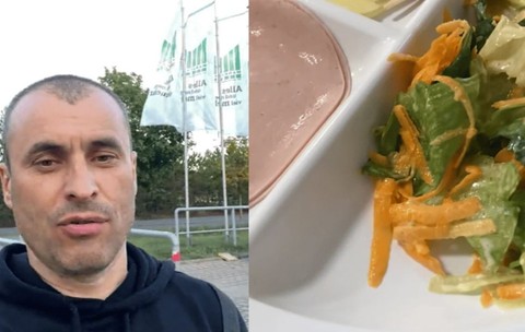 În stânga, refugiatul ucrainean, în dreaata, un meniu compus din salată, două felii de brânză, două felii de mezel și pâine